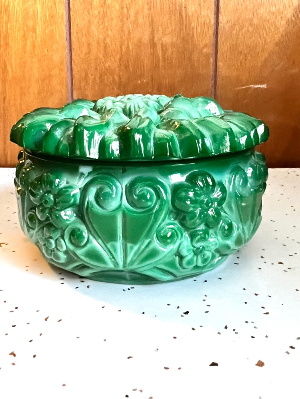 Vintage Malachite Green Floral Glass Trinket Dish. Made in Czechoslovakia